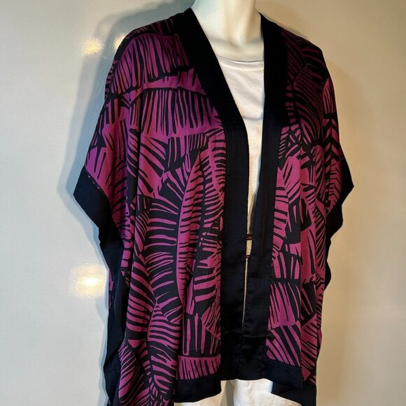 Kimono OSFA Navy & Hot Pink Tropical Abstract Maximalism Cover Up Resort Silky - Picture 2 of 6